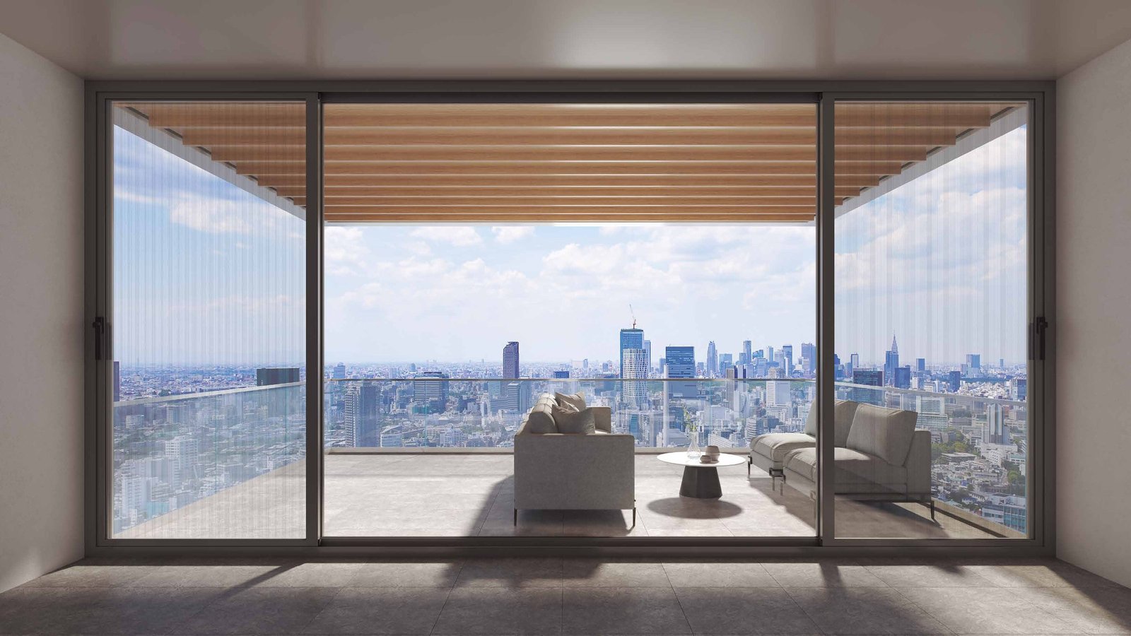 고층 거실의 대형 알미늄 단열 슬라이딩창 연출 이미지