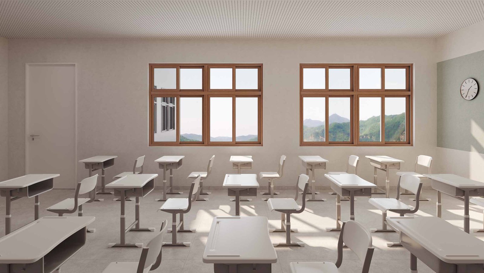 브라운 프레임 상하 분할 학교창이 있는 교실 연출 이미지